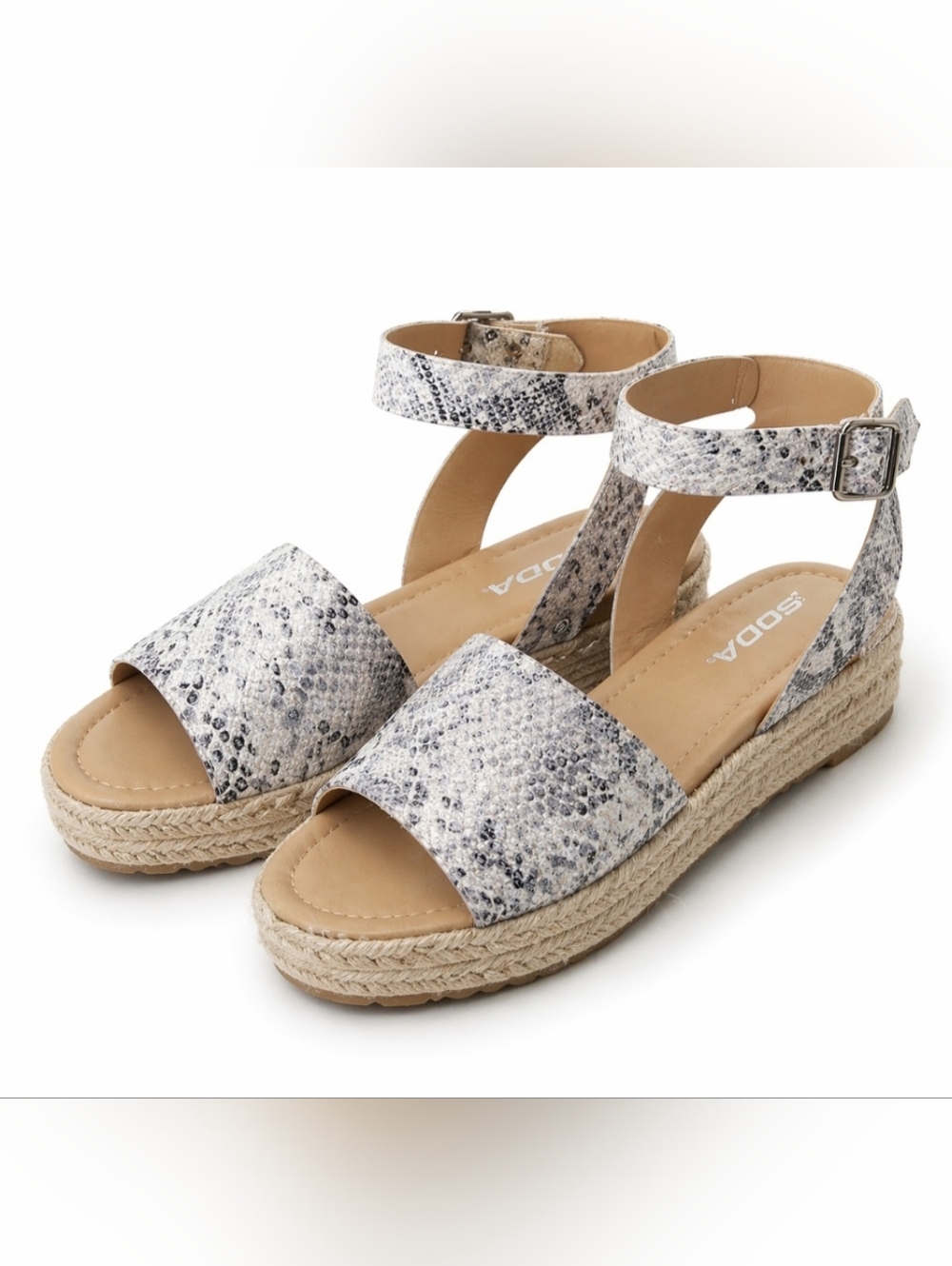 Soda Gray Snake-Print Espadrille Wedge Platform Sandals, Women 7.5, Ankle Strap